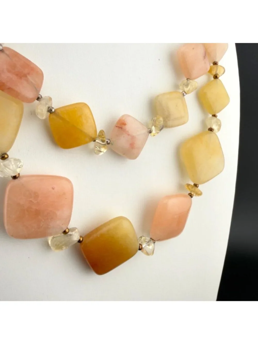 Natural Stone Beaded Necklace Double Strand Yellow Peach Sterling Silver Clasp